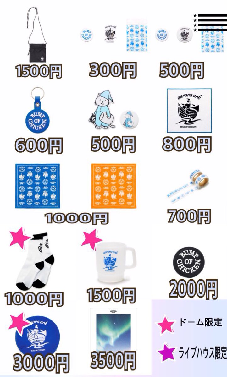 BUMP OF CHICKEN aurora ark tour グッズ料金一覧(メモ用) 良ければ