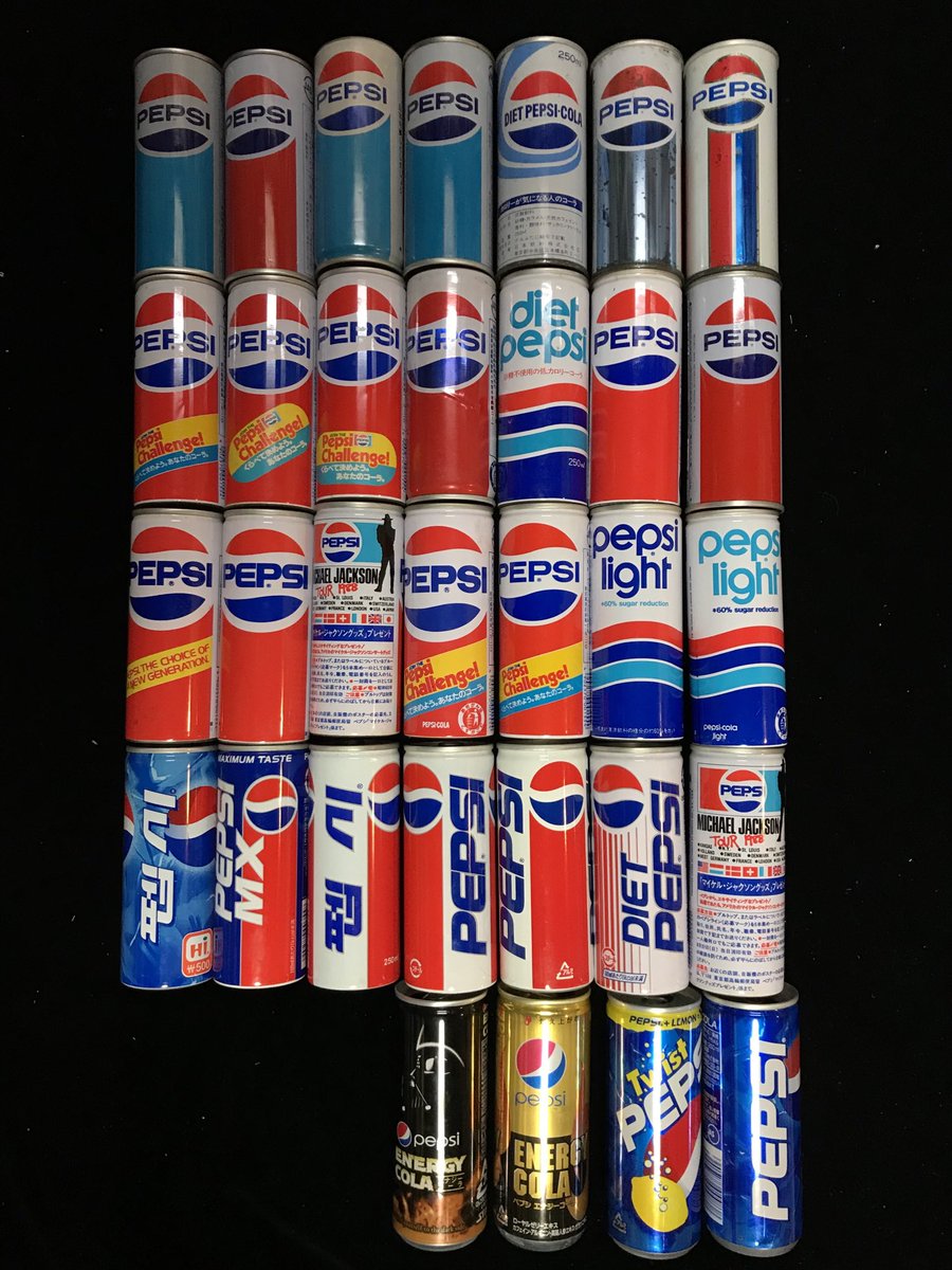 ペプシコーラの細い缶です。右上が日本初登場で1970年代初めに購入しま