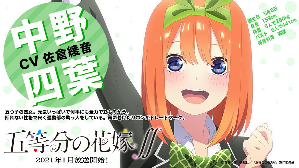 中野 四葉 CV. #佐倉綾音 五つ子の四女。元気いっぱいで何事にも全力で