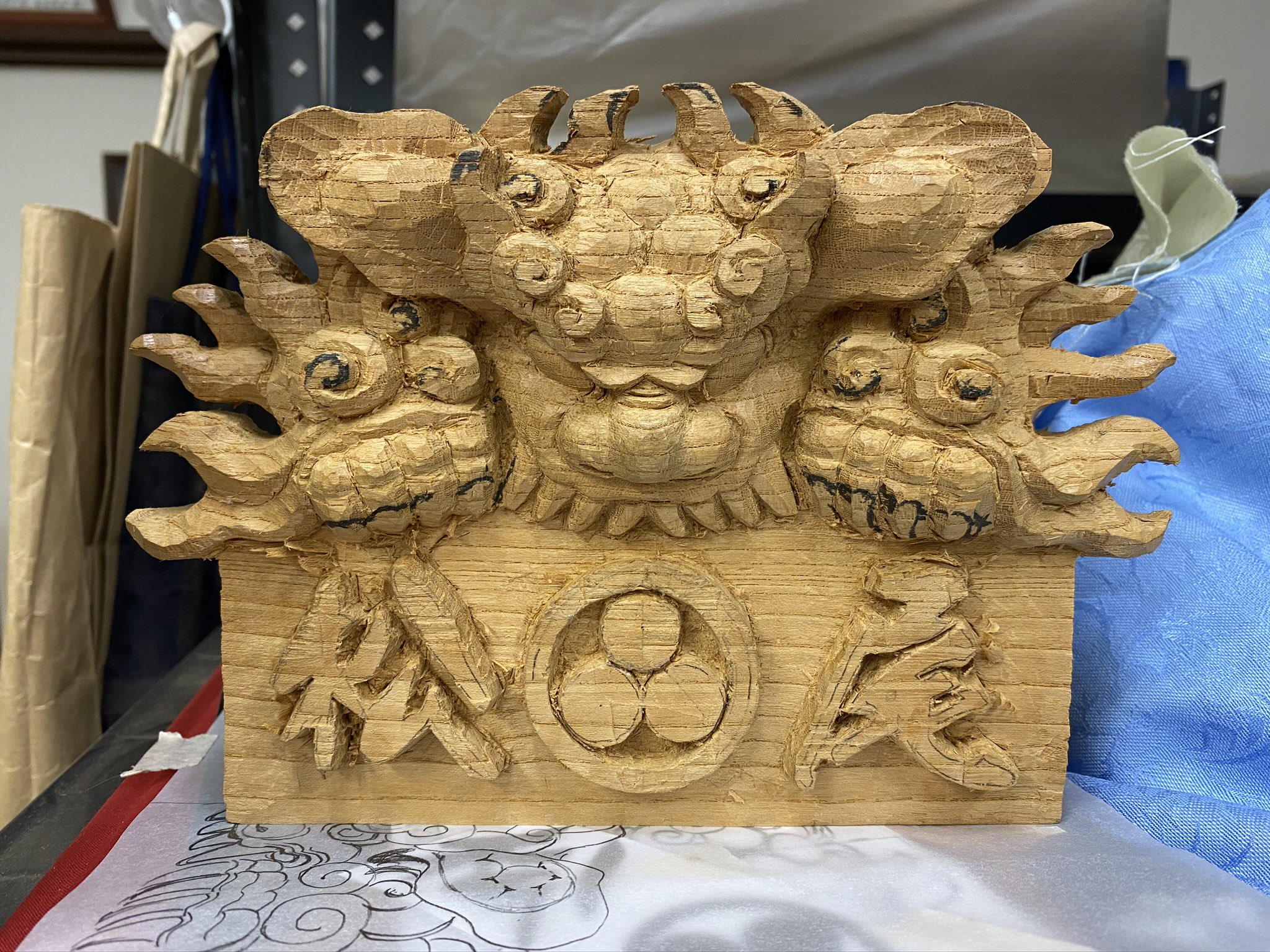 木彫 獅噛】魔除け 獅子噛み 社寺彫刻 宮彫り だんじり 山車 悪疫を