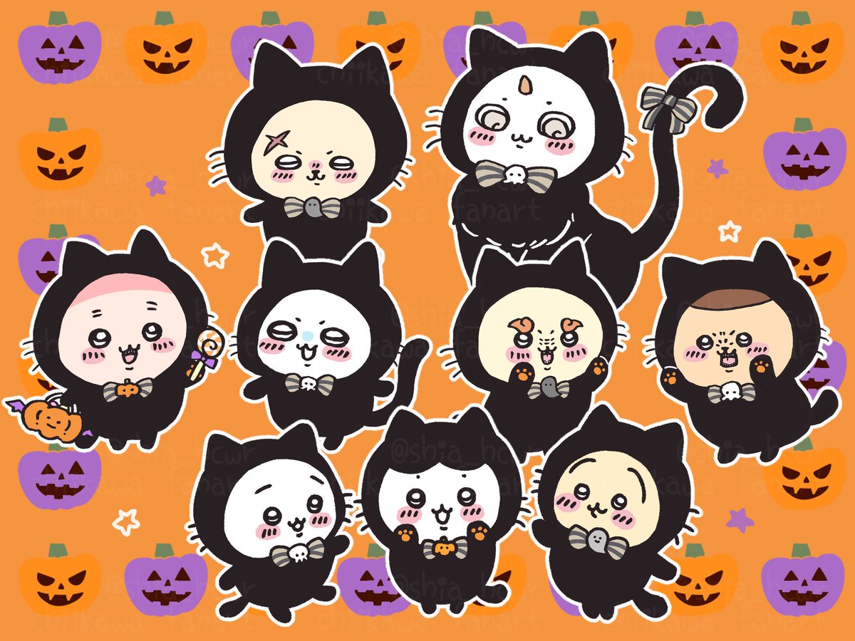 黒猫たちのハロウィンパーティー🐈‍⬛🎃 #ちいかわファンアート