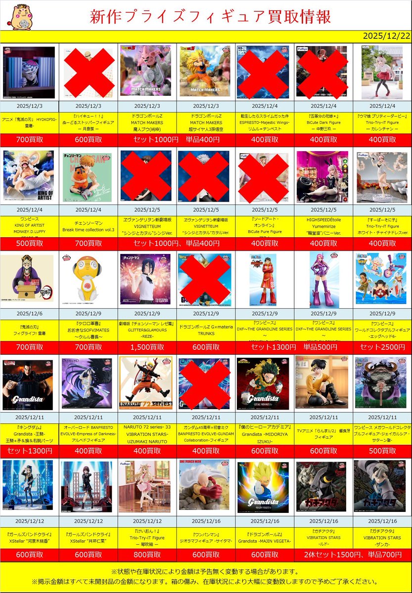12/22(版) フィギュア買取表 12月発売Ver. 更新しました！ ～～～ #幽
