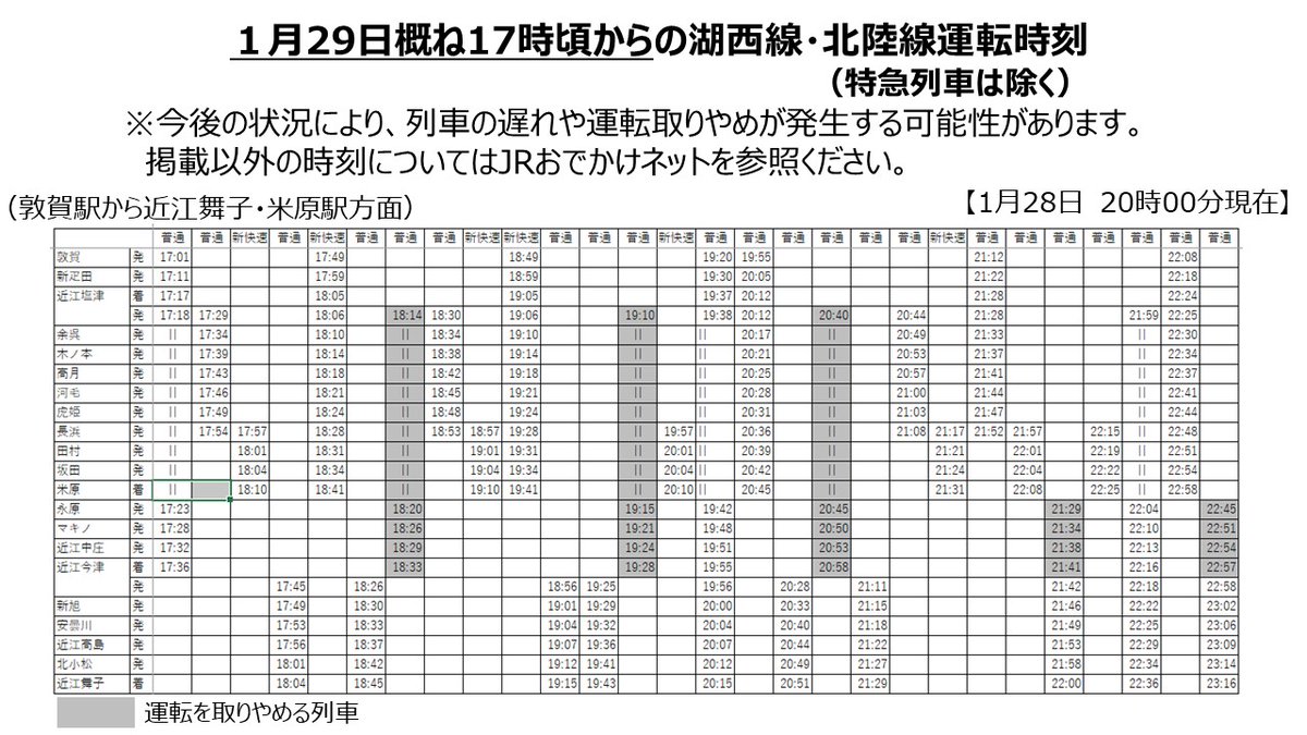 1月29日概ね17時頃からの湖西線・北陸線運転時刻【2026年1月28日 20時