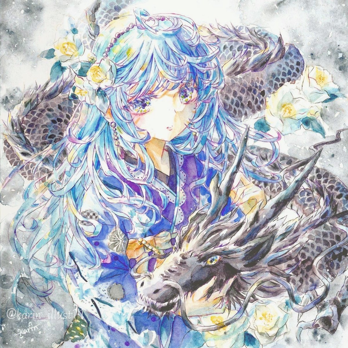 私はこういう絵を描いています 透明水彩での色鮮やかな美人画が得意です！