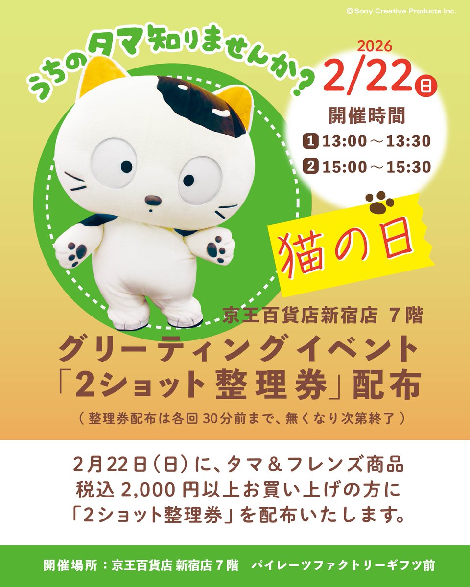 タマとのグリーティング 本日13時は大盛況！🐱 次回15時〜の回の整理券