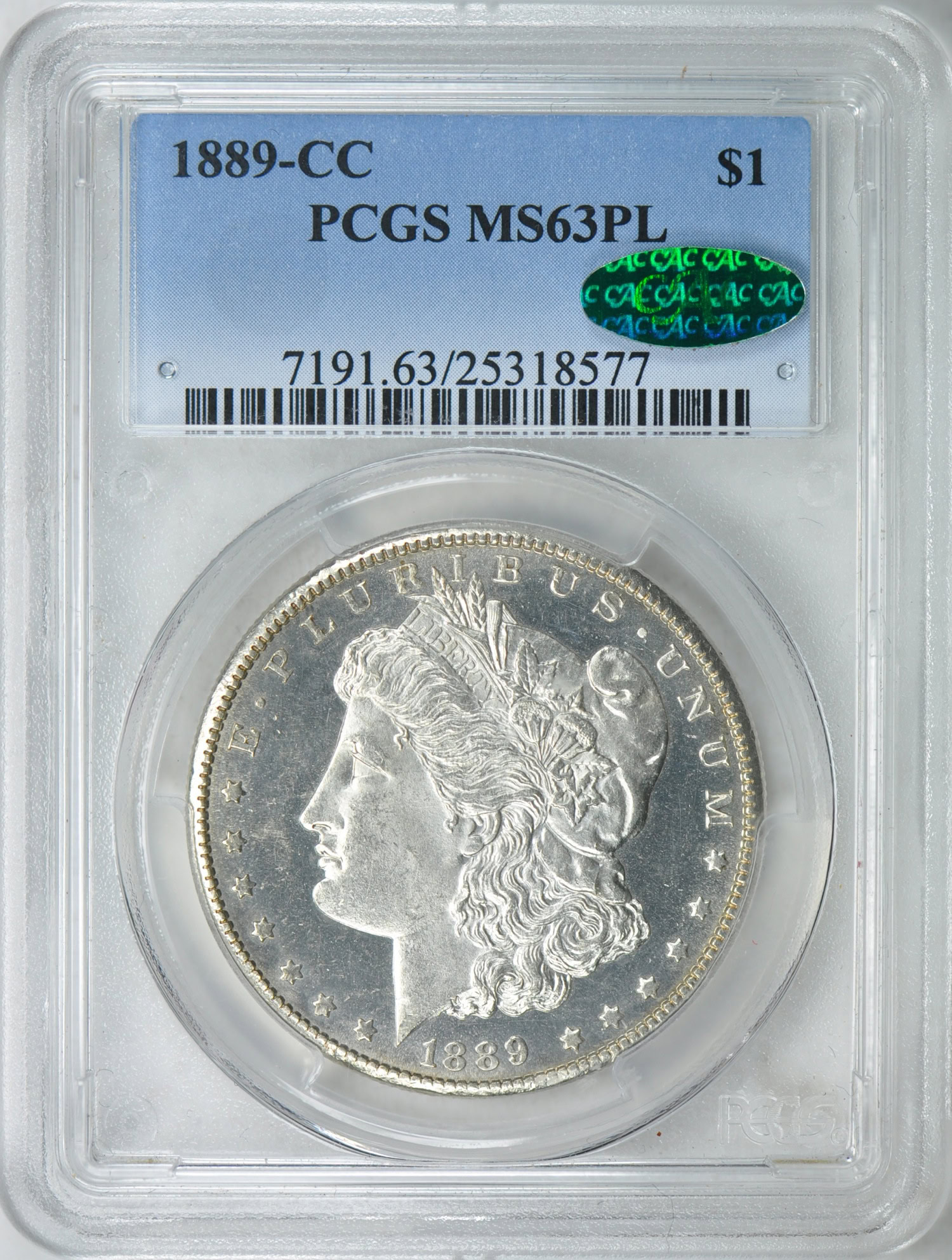 1889-CC Morgan Silver Dollar PCGS MS-63 PL (CAC Green) (Item