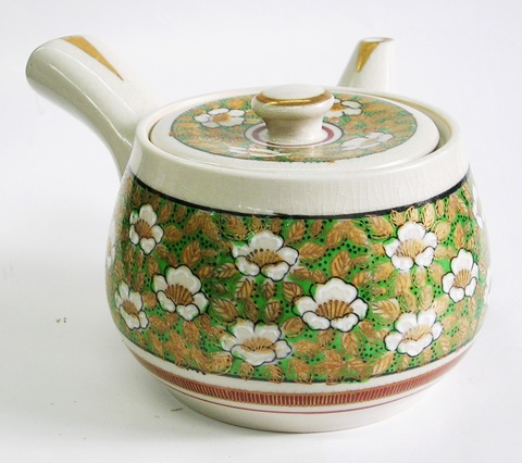 昭和レトロ 九谷焼 白花黄緑 急須 岳朋窯 550cc【通販/大きい/高級