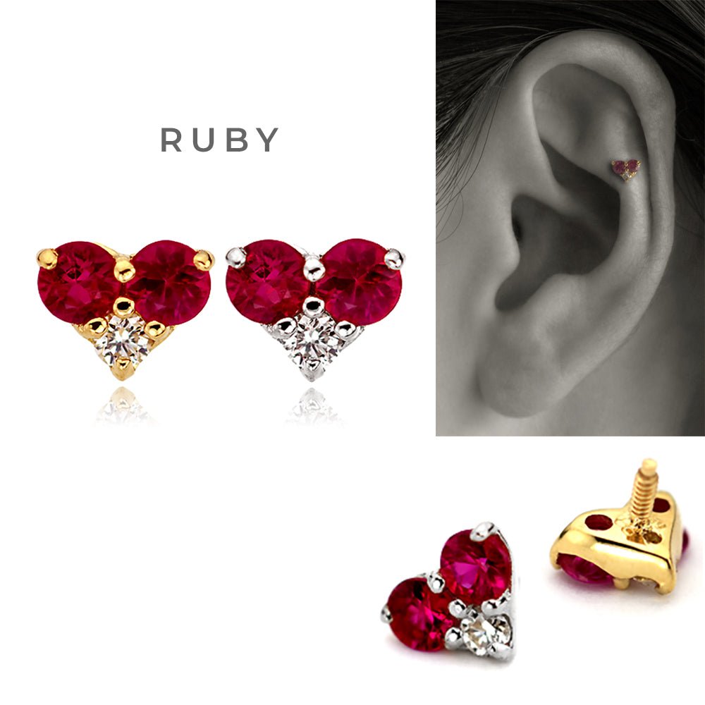 18金 プラチナ ルビー&ダイヤモンドかわいいハート軟骨ピアス・ボディ