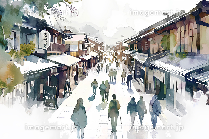 古い宿場町と観光客の水彩画-1「AI生成画像」のイラスト素材
