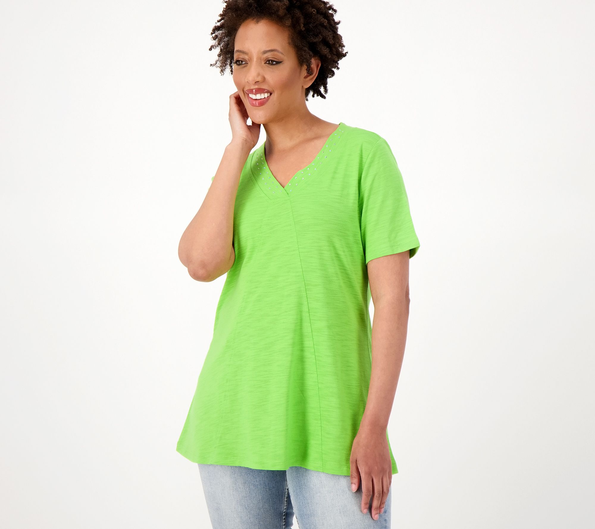 Quacker Factory Rhinestuds Embellished Short Sleeve Swing Top