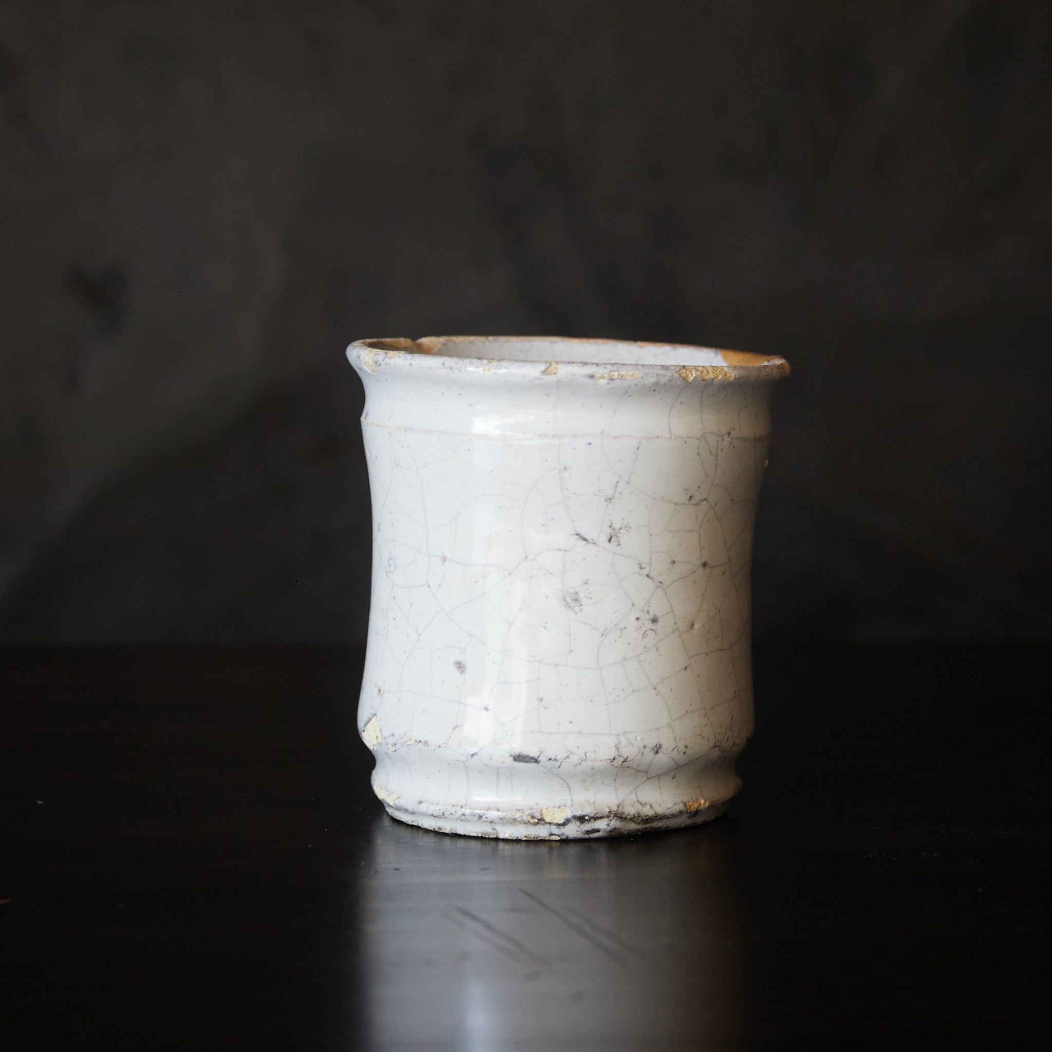 オランダアンティーク 白釉デルフト アルバレロ型金継小壺 片口みたて