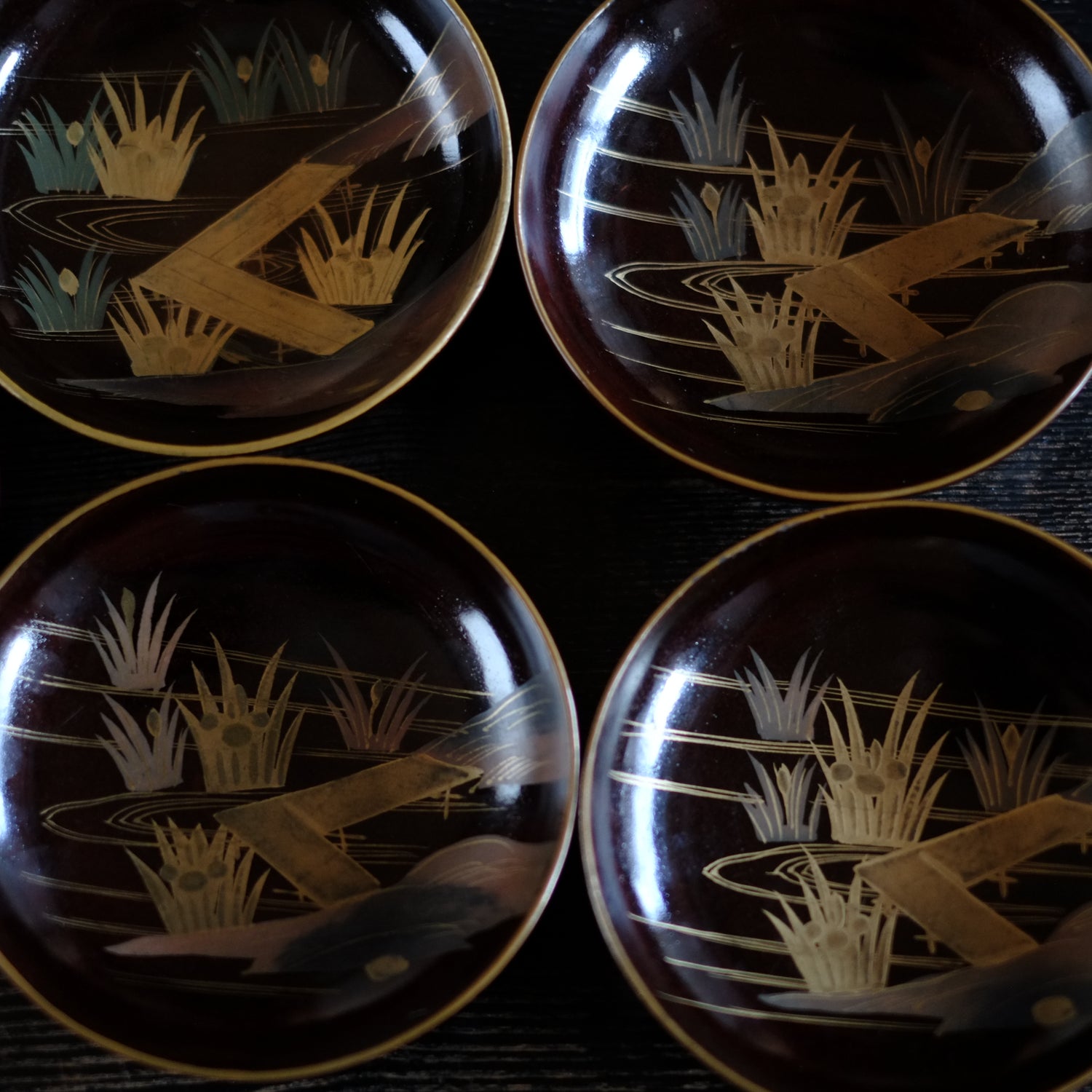 時代 八つ橋図金蒔絵 縁金溜塗 菓子皿 5客セット (明治期頃) – 逢季荘