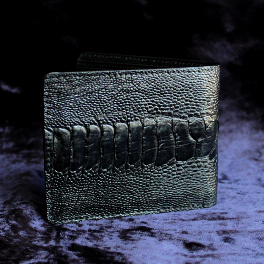 オーストリッチレッグ革/二つ折り財布/ショートウォレット/ブラック