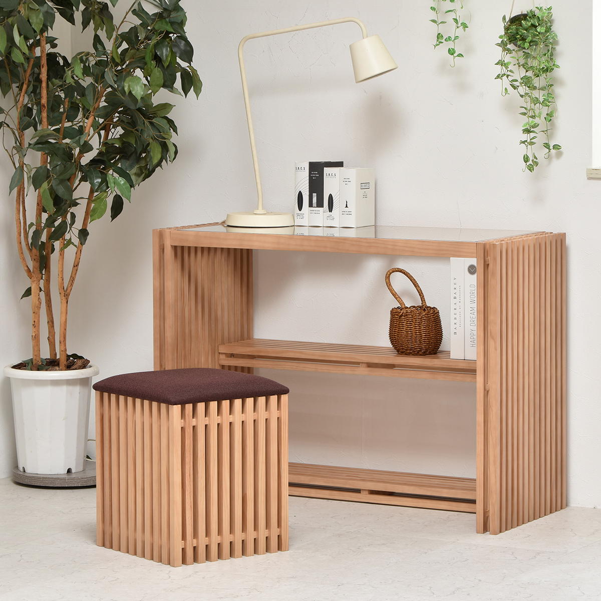 FOREST フォレスト デスク ガラス天板 無垢材 縦格子 FOD-100を激安で