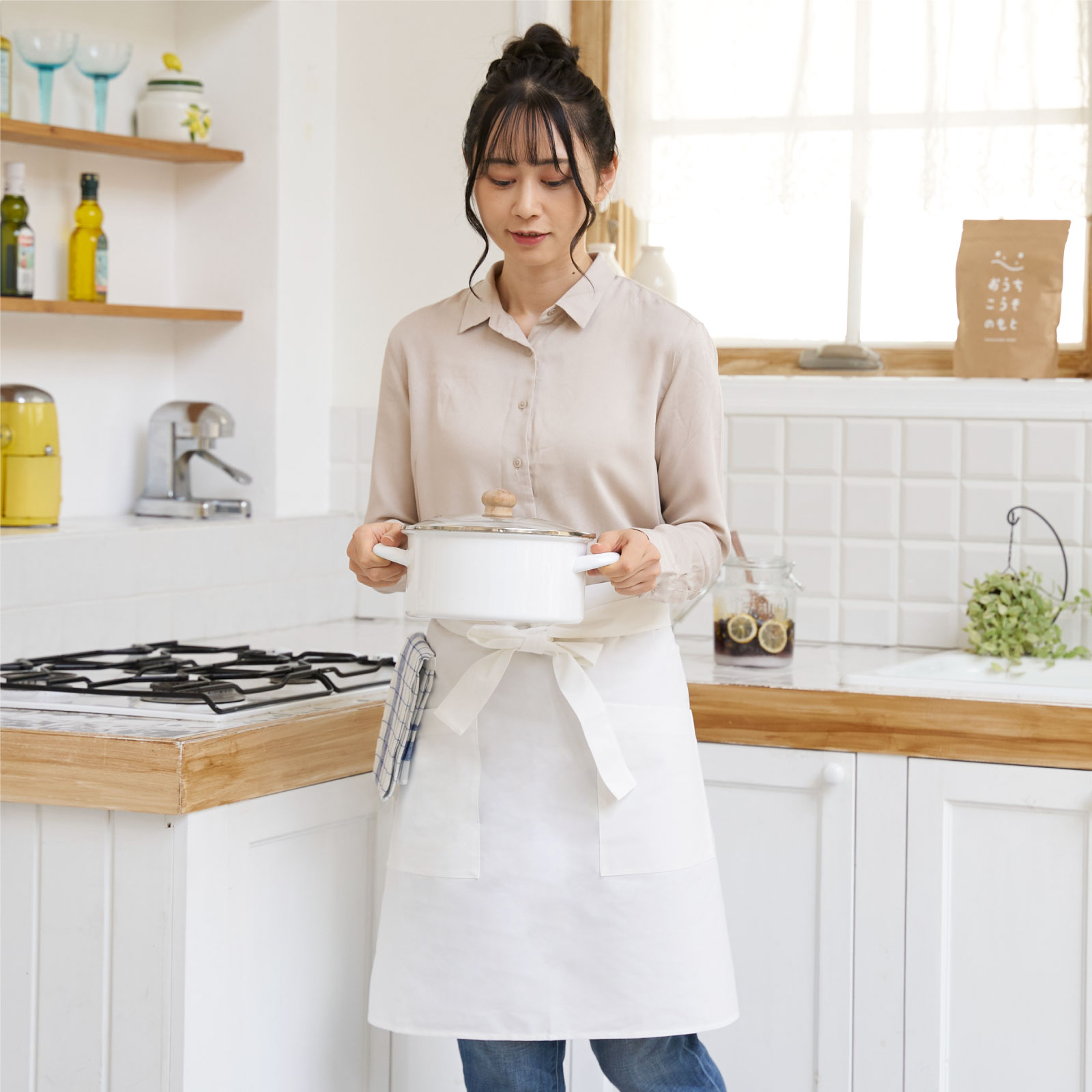 エプロン 白 前掛け タオルループ メンズ レディース ミドル丈 タオル