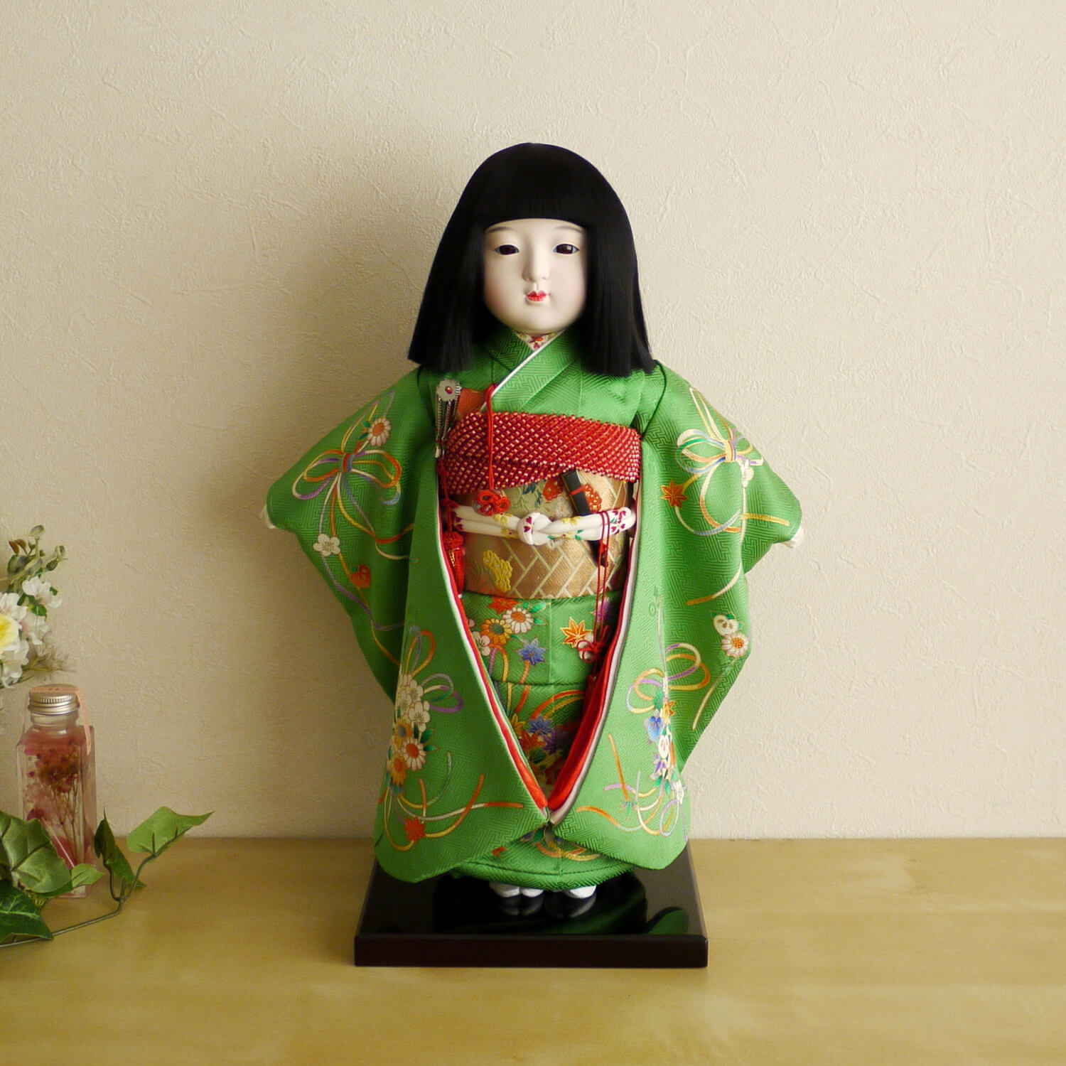 市松人形 元賀章介 12号尺二正絹別染め くす玉 台 女の子 上品 童 増村