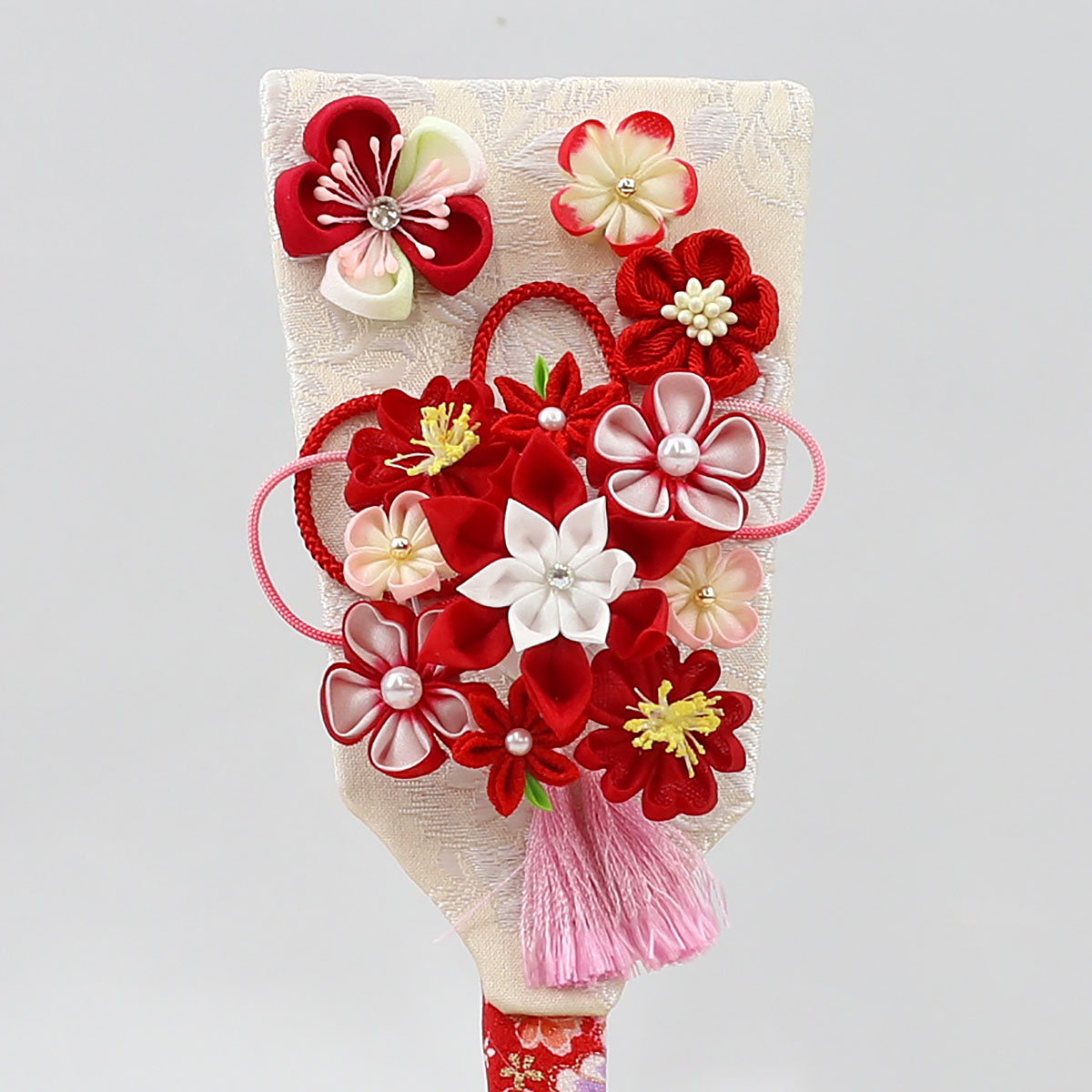 久月 羽子板 お祝い 初正月 6号 つまみ細工 羽子板 赤 花満開桜橘几帳