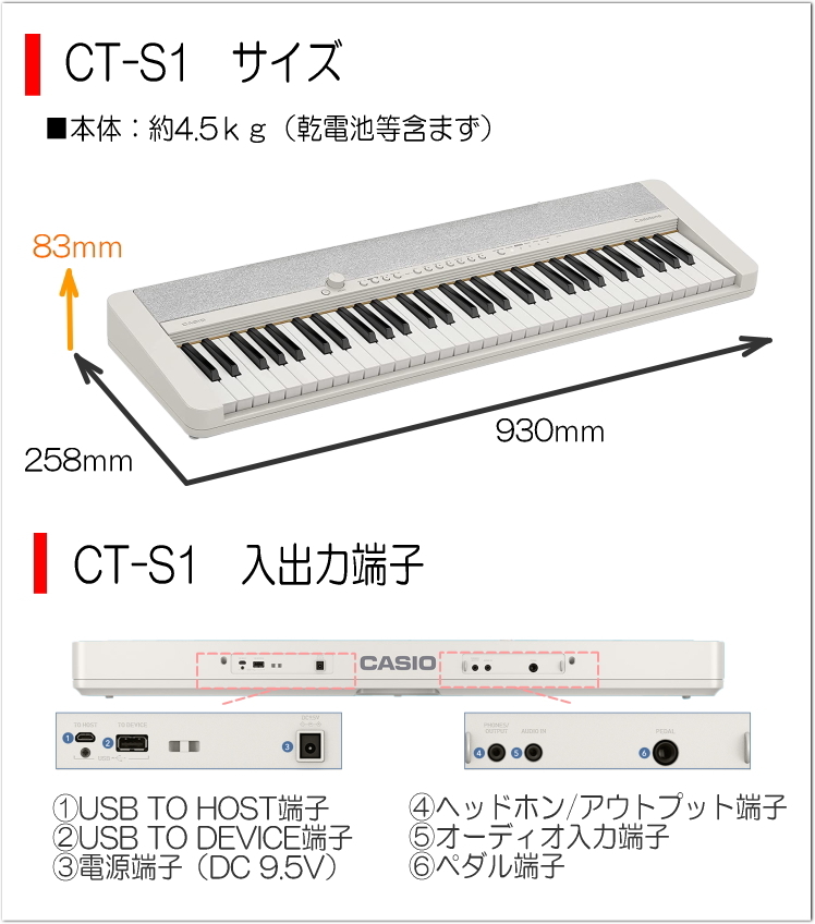 ベーシックキーボード（CASIO） カシオ61鍵盤キーボード CT-S1 白