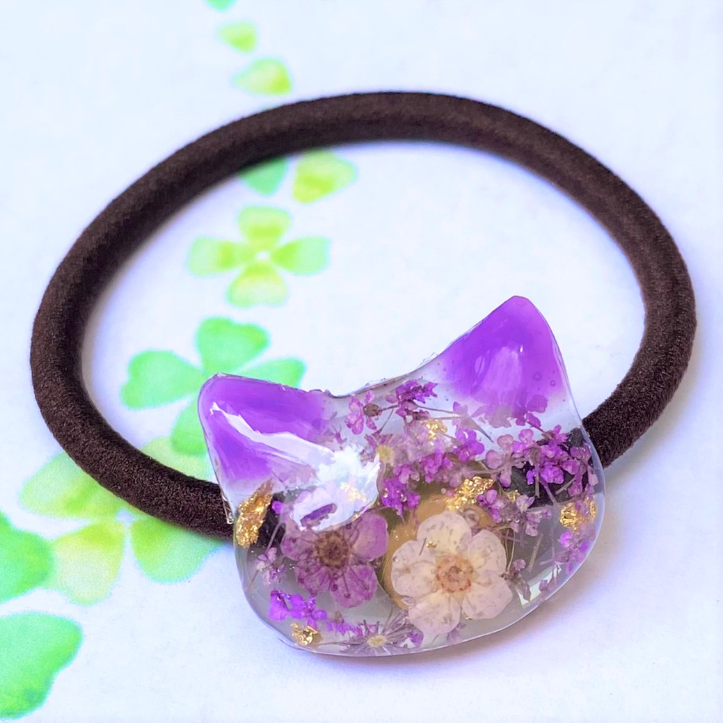 ねこちゃんヘアゴム 猫 ドライフラワー フラワー 髪飾り お花ネコ