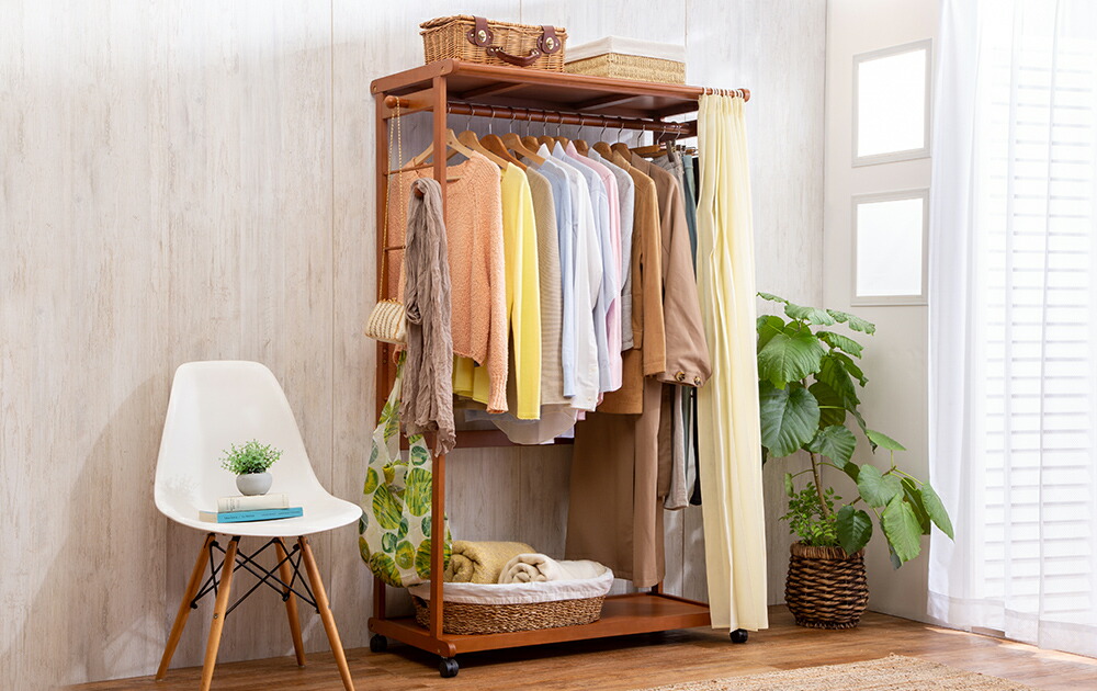 カーテン付きハンガーラック 木製 幅110cm 天然木 シングルハンガー