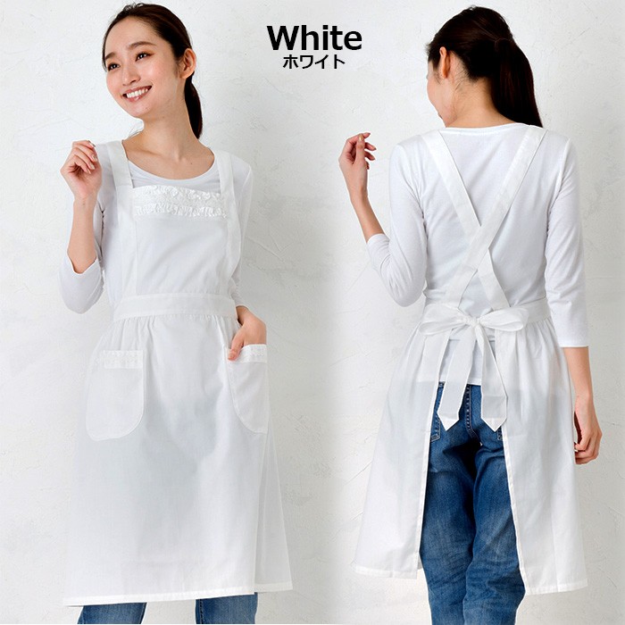 エプロン フォーマル 白 黒 ローズレース付きクロスエプロンドレス M-L