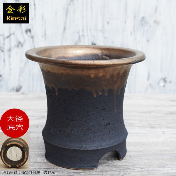 陶器鉢 植木鉢 6.5号 底穴あり 金彩高脚 ブラック サナなし 園芸鉢