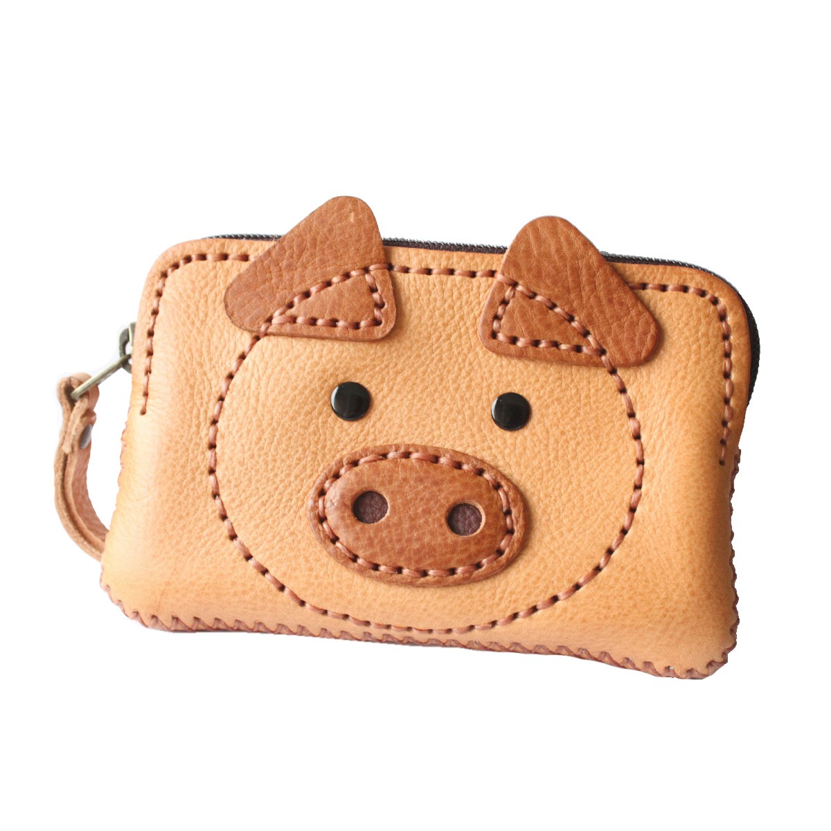 レザーポーチ 本革 猫 ネコ レディース ハンドメイド ストラップ付き