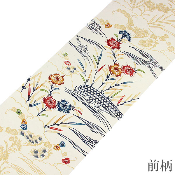 着物 帯 京都 栗山吉三郎 謹製 和染紅型 九寸名古屋帯 浜つむぎ