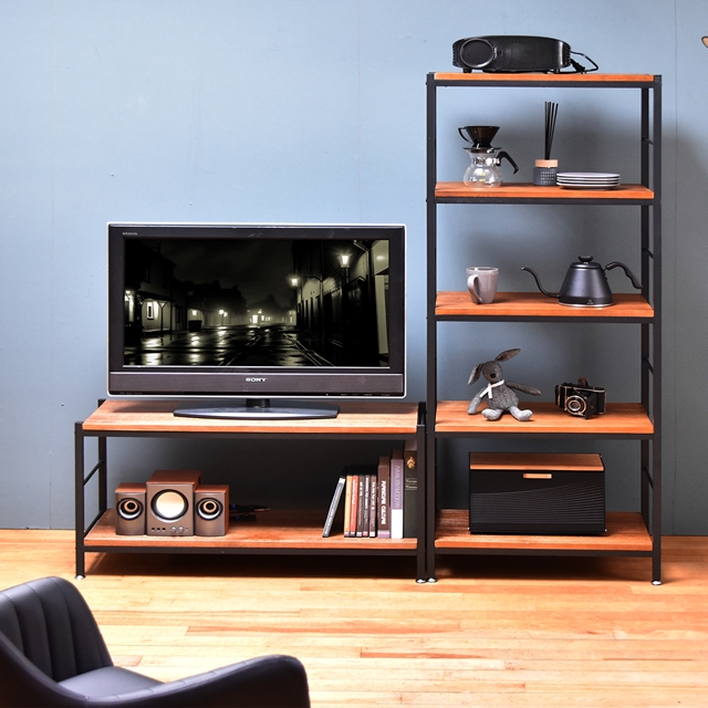 桐×ブラックアイアン ヴィンテージ風 オープンラック 幅90cm 2段