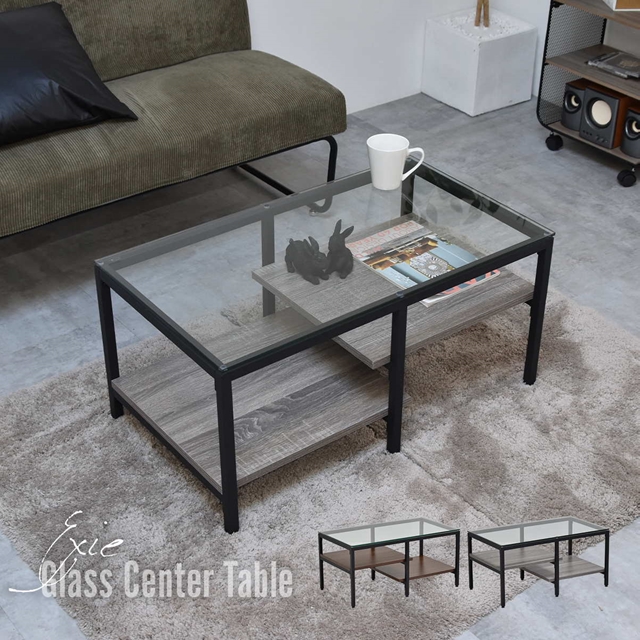 おしゃれに魅せる 段違い棚付き ガラス天板 センターテーブル 幅80