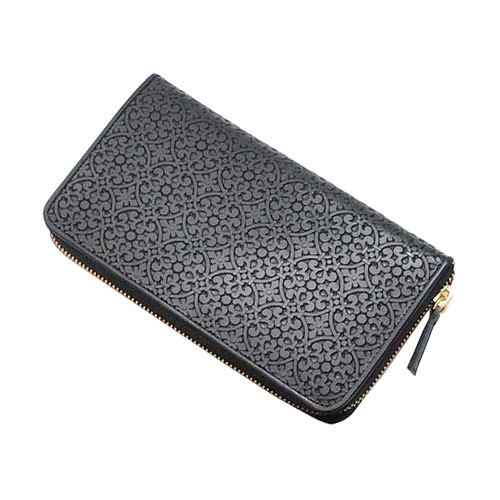 長財布 ラウンドファスナー 幾何学模様型押し 金色 黒 牛革 牛皮