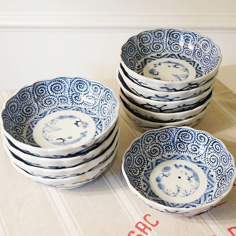 生活雑貨 ヴィンテージ 古伊万里 15cm 丸皿 蛸唐草文 10枚セット 送料