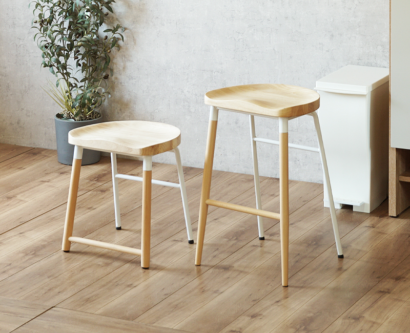 カウンターチェア 2脚セット 木製座面 天然木 スチール脚 ハイスツール