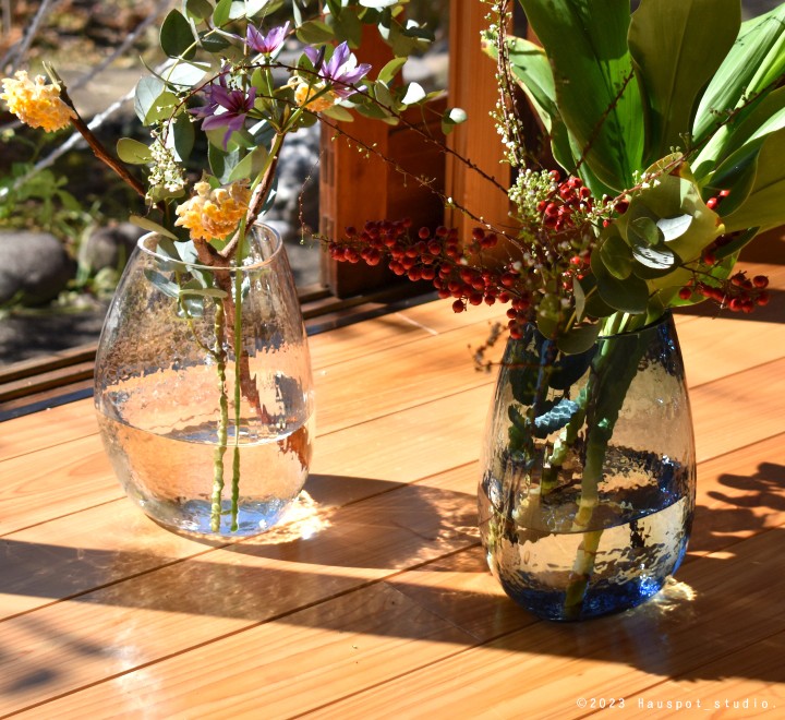 フラワーベース 枝物 ガラス おしゃれ 青 クリアLサイズ：約14.5cm丸