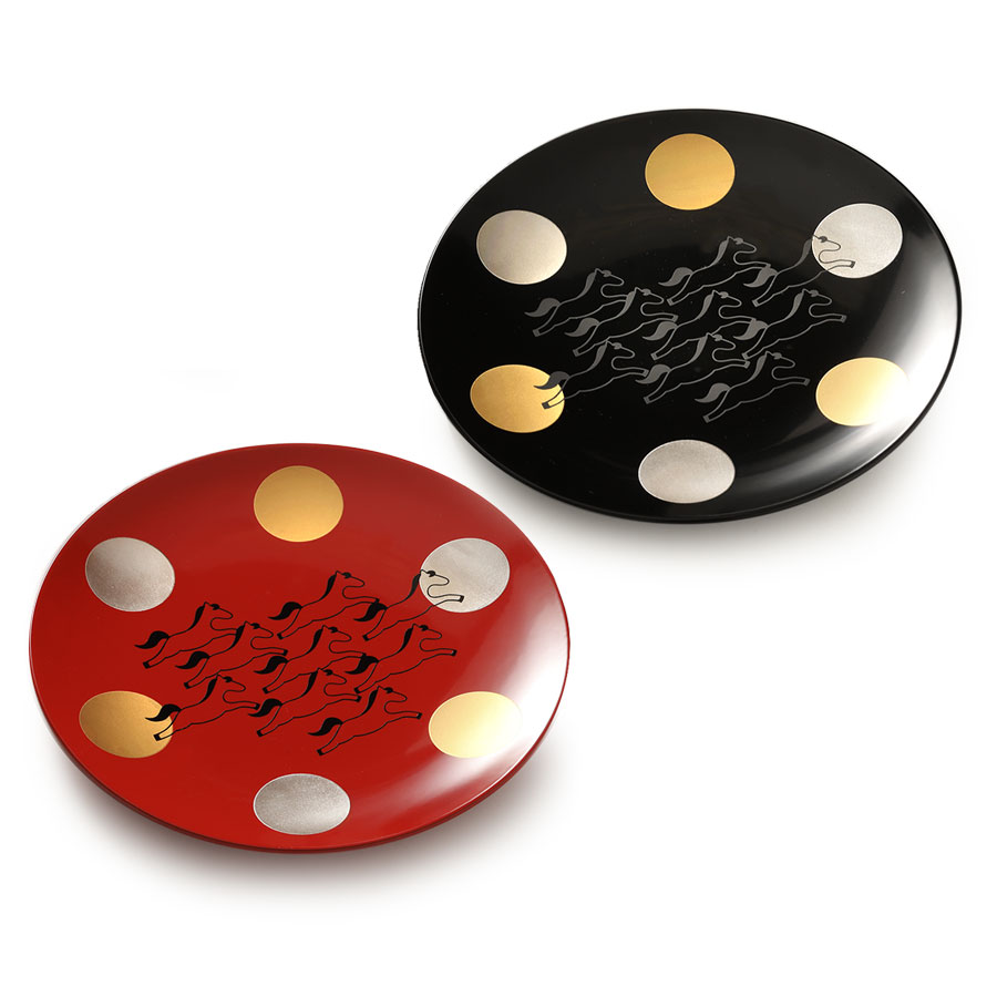 山田平安堂 宮内庁御用達 漆器 丸皿 干支日月 午（うま） : 漆器 山田