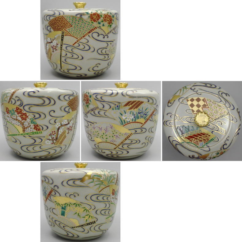 茶道具 皆具 色絵 膳所焼 扇面流し 岩崎新定作 陽炎園 膳所焼き 茶道