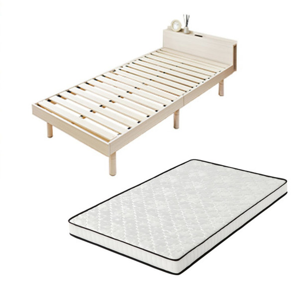 ベッド マットレス シングル ベッドフレーム マットレス付き セット 棚