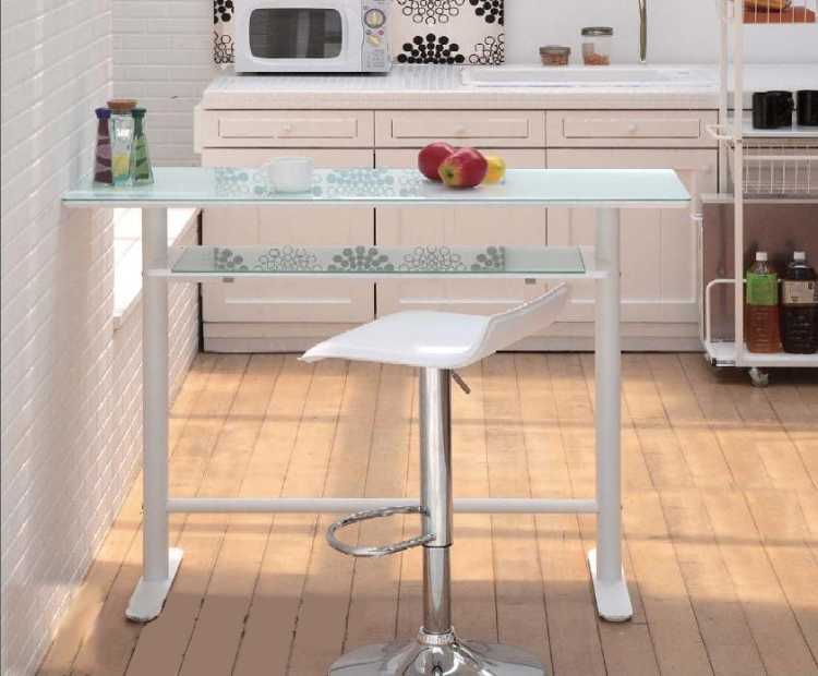 カウンターテーブル 白 ホワイト 幅120cm ガラス製 棚付 収納付