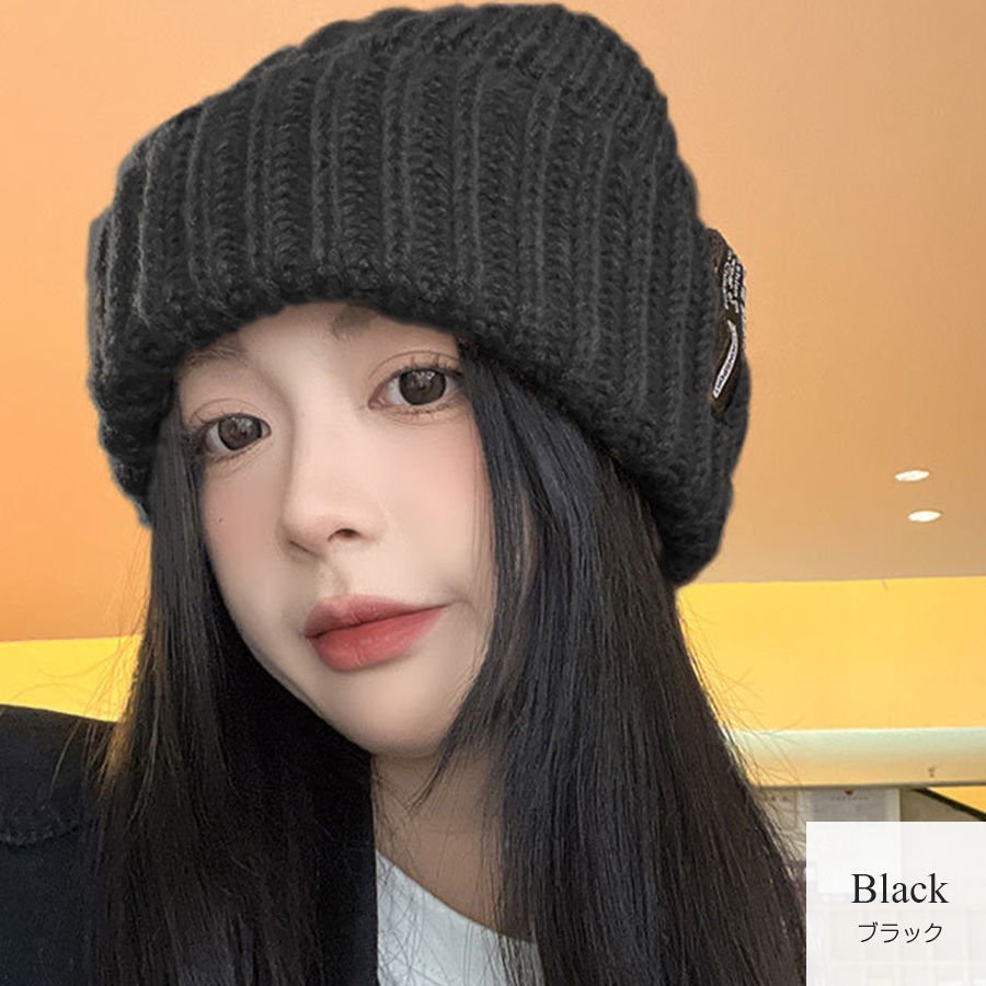 ニット帽 厚手 リブニット 猫耳 無地 ロゴマーク レディース 春 夏 秋