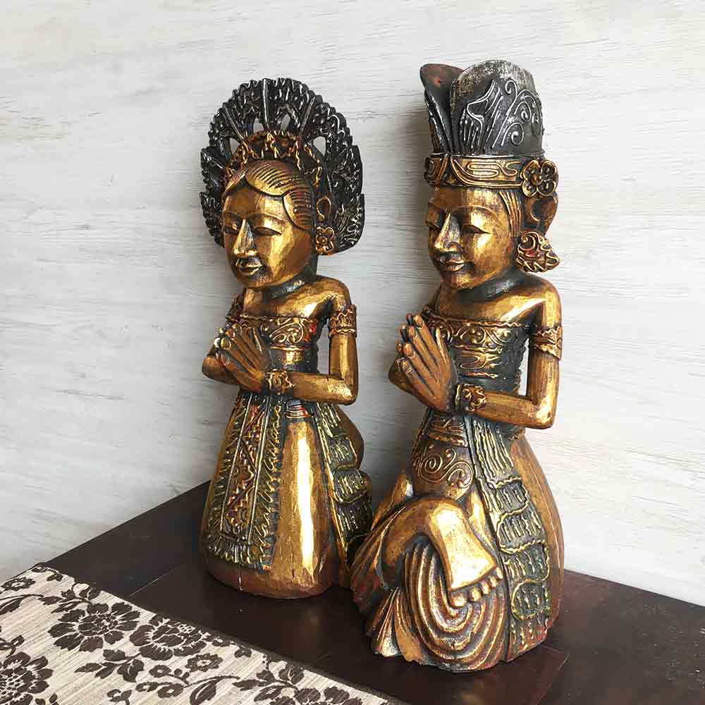 木彫り スタンドオブジェ 置物 男女 ペアセット ゴールド カップル