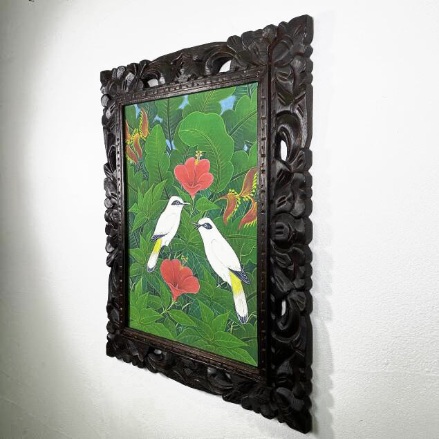バリ絵画 ブンゴセカン 鳥の絵 ハイビスカス 赤 2柄 W43×H53cm バリ