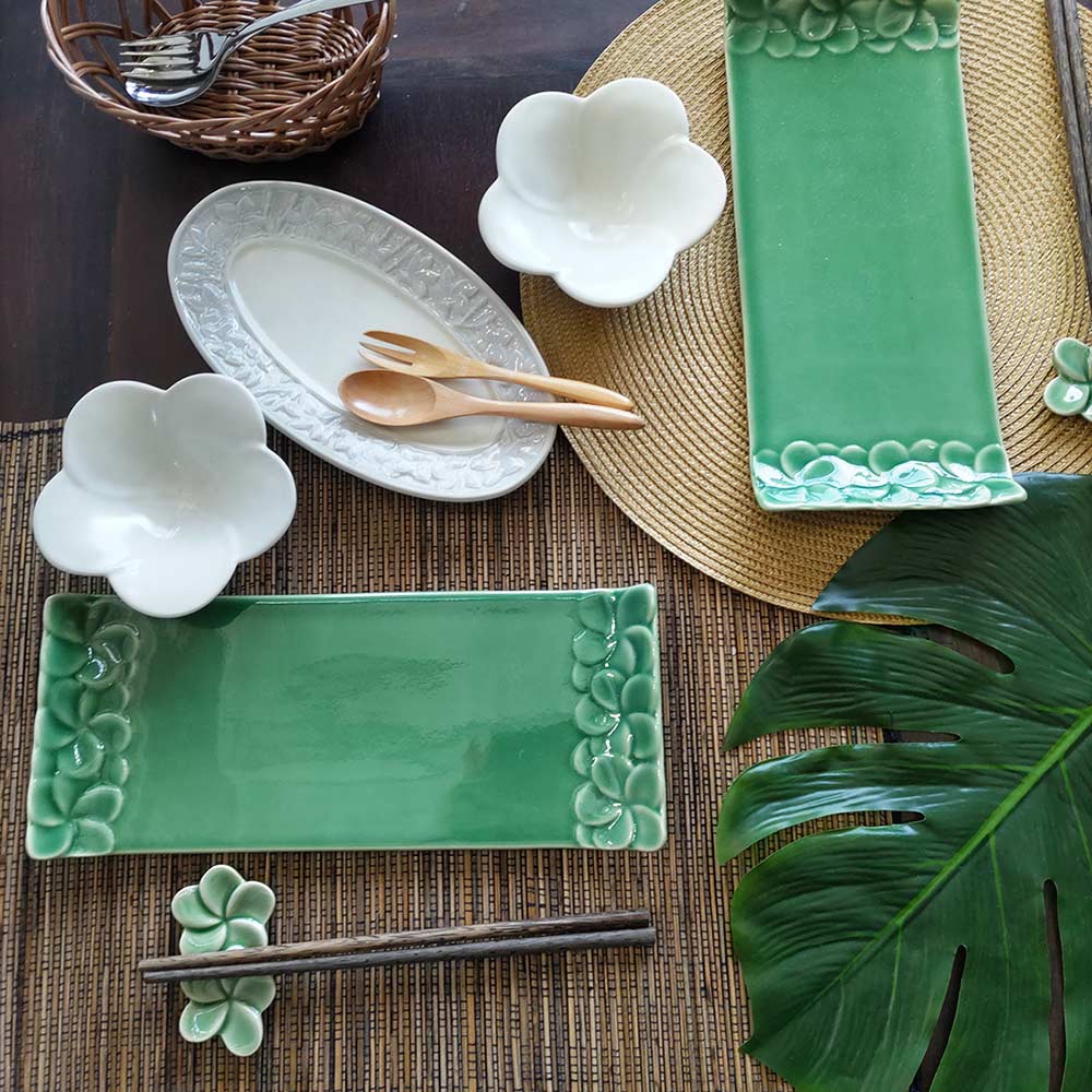 ジェンガラケラミック 角皿 平皿 2枚1セット プルメリア 3色 白 青緑