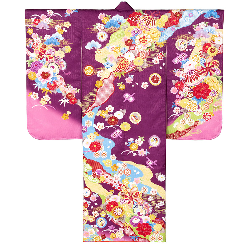 七五三 女の子 着物 四つ身 7才 7歳 絵羽柄 赤 紫 水色 クリーム 襦袢