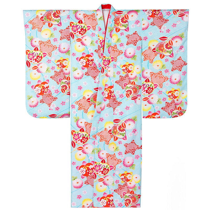 七五三 女の子 着物 四つ身 7才 7歳 小紋柄 襦袢付き 重ね衿付き 水色