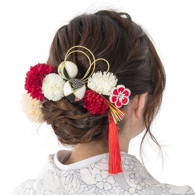 髪飾り セット 花鞠 赤 白 ワイン ミックスカラー : 京のみやび - 通販