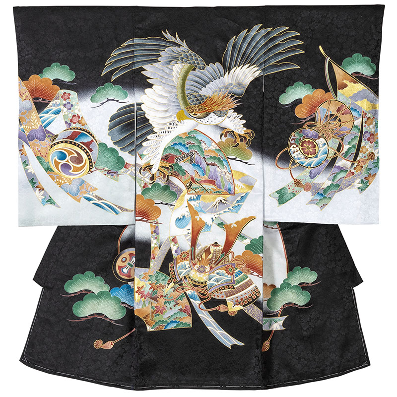 産着 お宮参り 着物 初着 正絹 黒 紺 兜 鷹 のし 熨斗 束のし 扇面 松