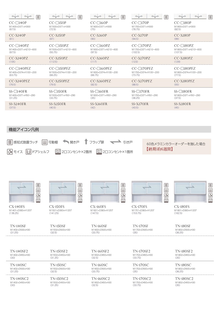 綾野製作所 クラスト 幅150cm 上キャビネット 引き戸 オープン