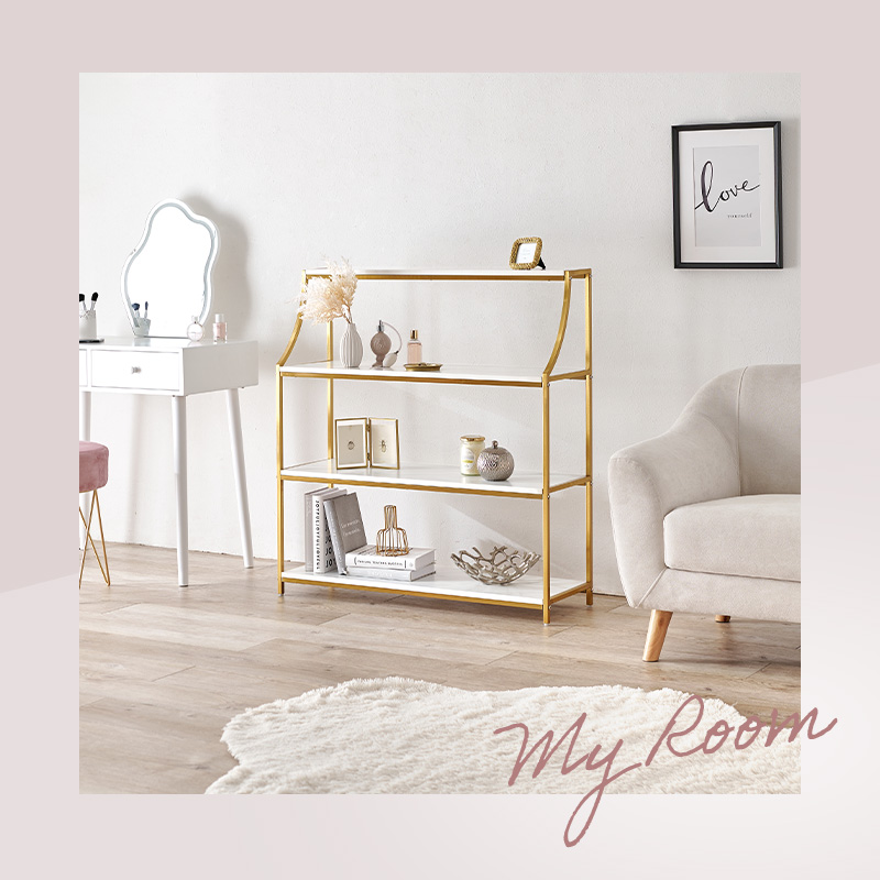 HAGiHARA（萩原） オープンラック 白 ゴールドフレーム 大理石調 4段