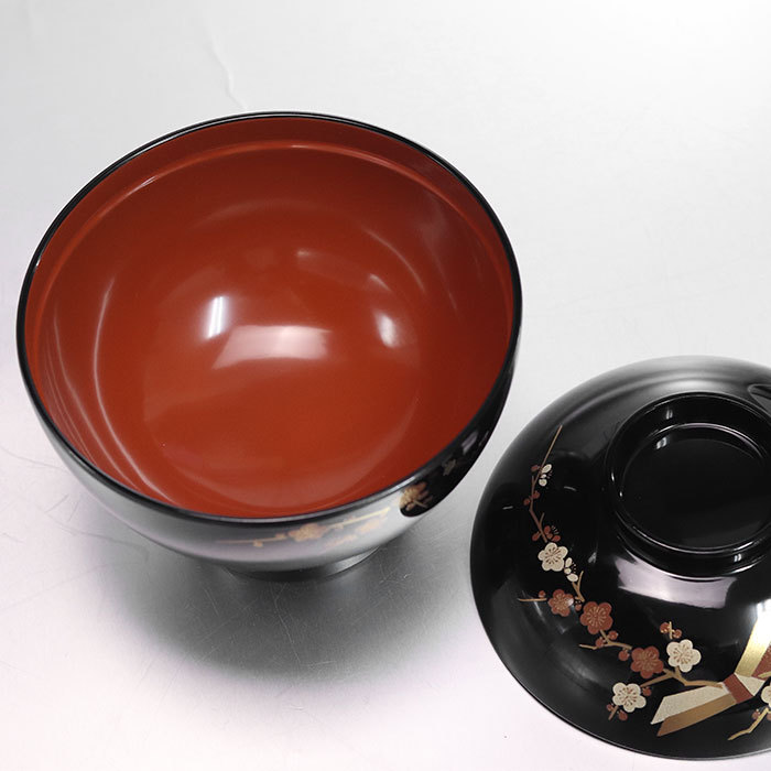 雑煮椀 フタ付き 日本製 国産 会津漆器 結び梅 黒 箱入り おしゃれ