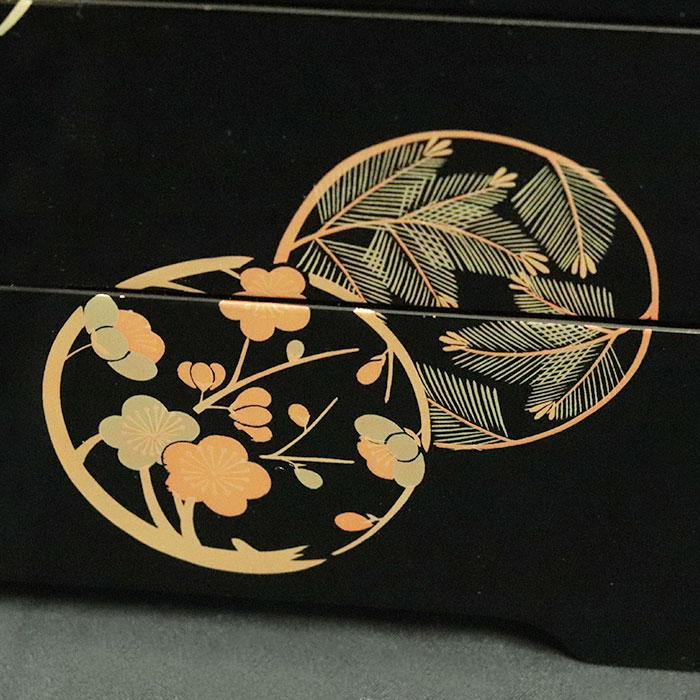 重箱 3段 日本製 国産 会津漆器 6.0 三段重共足 花丸 黒 内朱 6寸 5〜6